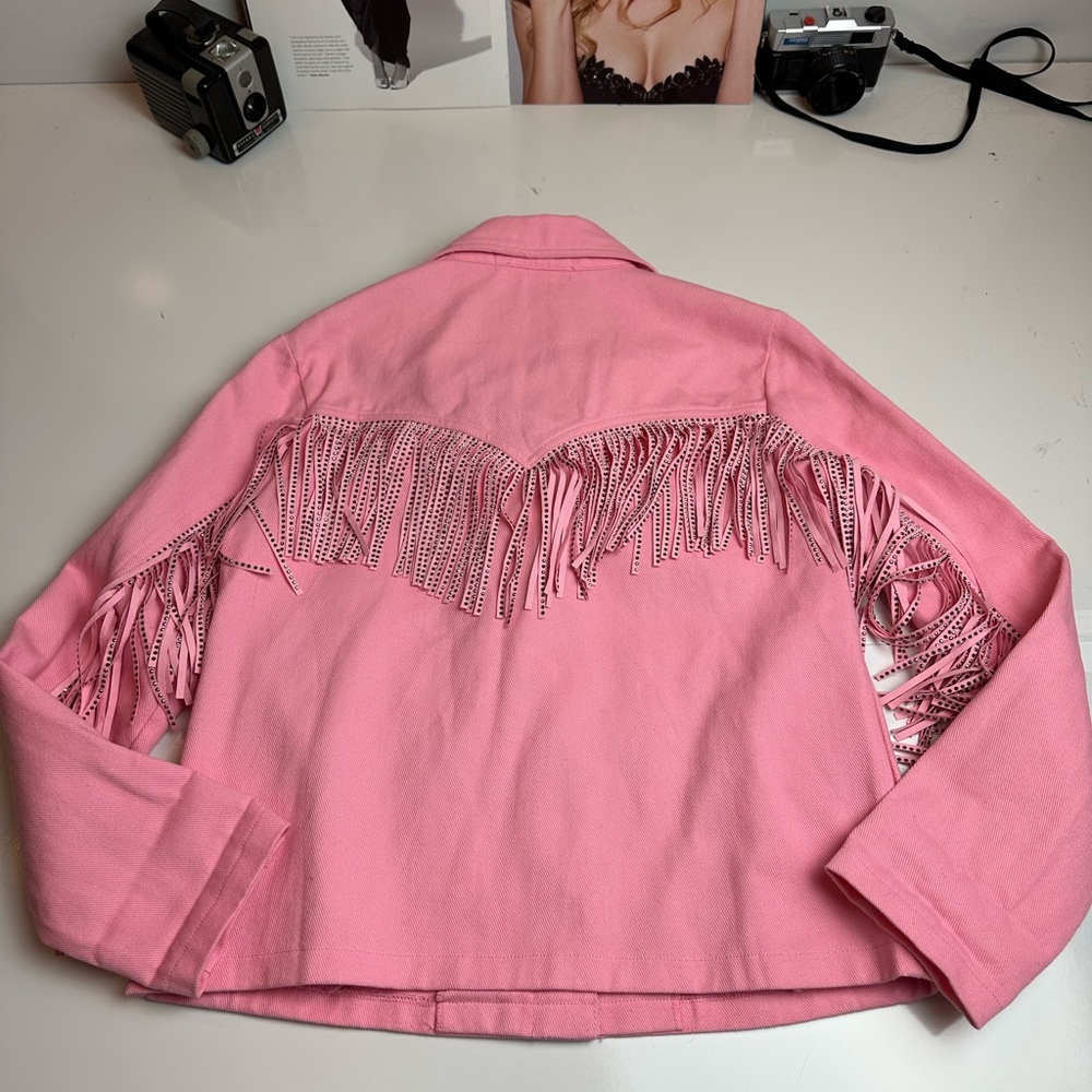 MollyGreen Pink FringeWestern CowgirlJacket Y2K RodeoFringe UtilityJacket Small - Picture 4 of 12